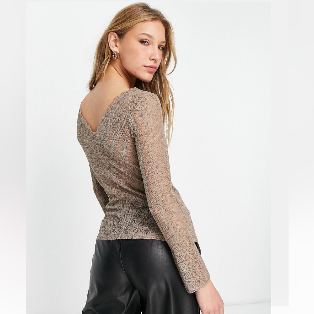 ASOS Square Neck Long Sleeve Lace Top in Mushroom brown beige size small